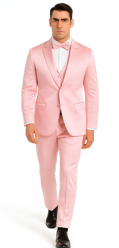 Tazzio Men's Dusty Rose Satin Double Breasted 3 Piece Slim Fit Suit with Peak Lapel  Elegant Formalwear