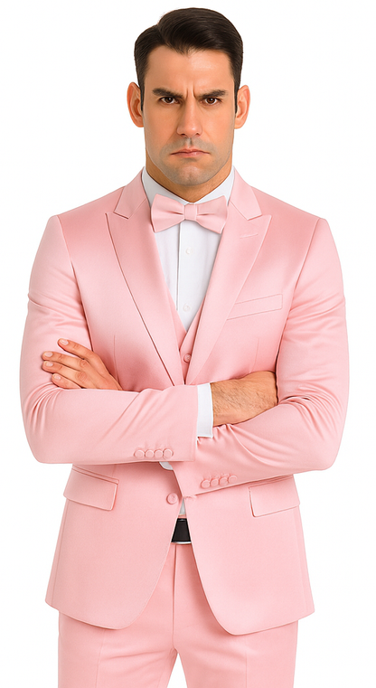 Tazzio Men's Dusty Rose Satin Double Breasted 3 Piece Slim Fit Suit with Peak Lapel  Elegant Formalwear