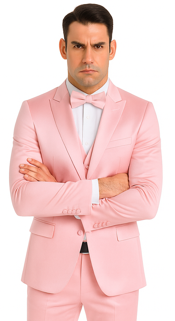 Tazzio Men's Dusty Rose Satin Double Breasted 3 Piece Slim Fit Suit with Peak Lapel  Elegant Formalwear