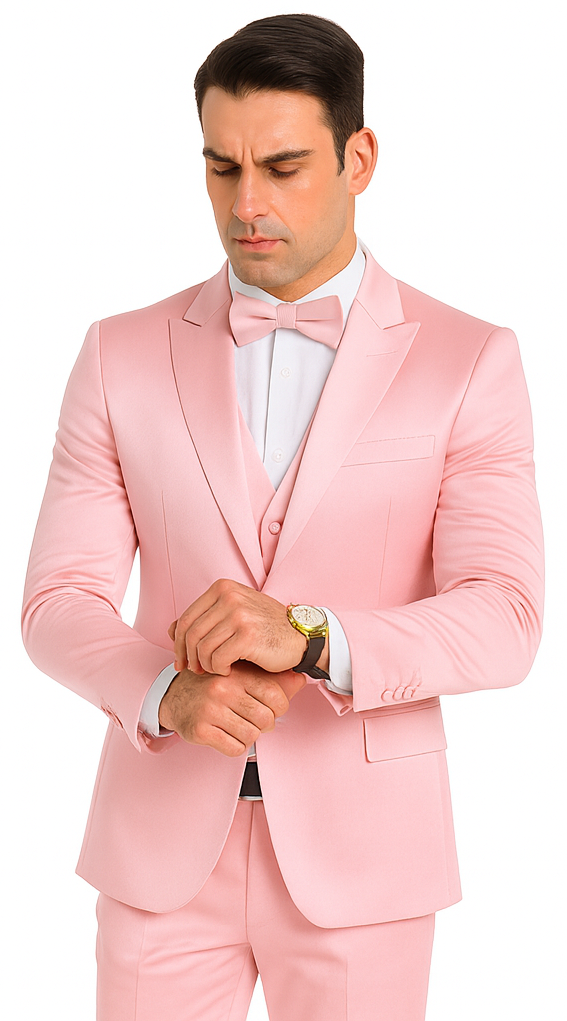 Tazzio Men's Dusty Rose Satin Double Breasted 3 Piece Slim Fit Suit with Peak Lapel  Elegant Formalwear
