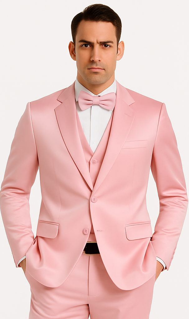 Tazzio Men's Dusty Rose Satin Double Breasted 3 Piece Slim Fit Suit with Peak Lapel  Elegant Formalwear