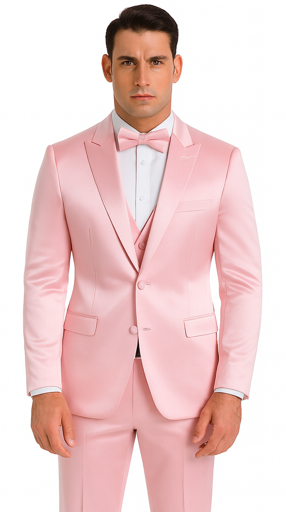 Tazzio Men's Dusty Rose Satin Double Breasted 3 Piece Slim Fit Suit with Peak Lapel  Elegant Formalwear