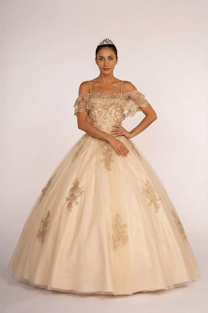 Off Shoulder Quinceañera Ball Gown Embroidered Lace-Up Back Floor Length by Elizabeth K GL2510