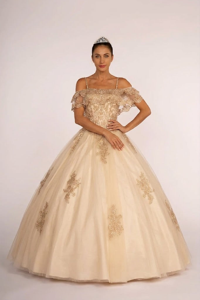 Off Shoulder Quinceañera Ball Gown Embroidered Lace-Up Back Floor Length by Elizabeth K GL2510