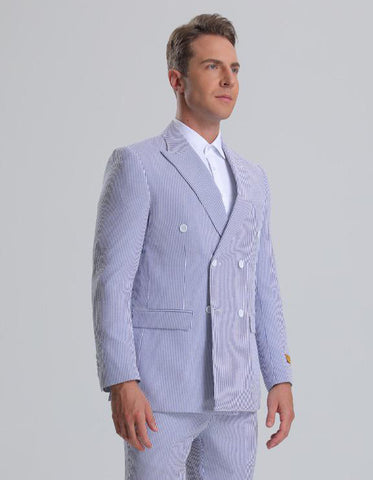 Mens Double Breasted Summer Seersucker Suit in Blue Pinstripe