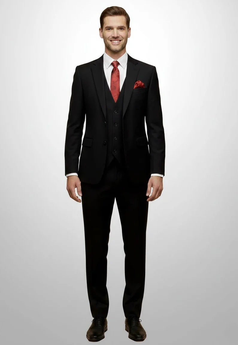 Mens Giovanni Testi 3 Piece Suit in Black – Notch Lapel 2 Button Jacket with Side Vents & Comfort Flex Waist Pants