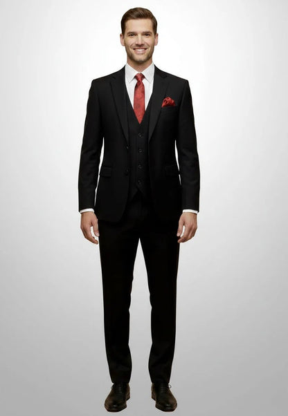 Mens Giovanni Testi 3 Piece Suit in Black – Notch Lapel 2 Button Jacket with Side Vents & Comfort Flex Waist Pants