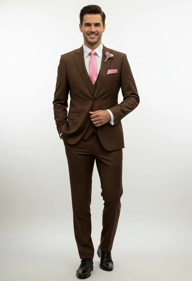 Mens Giovanni Testi Brown Suit Set – 2 Button Notch Lapel Blazer with Pick Stitching & Comfort Waist Pants