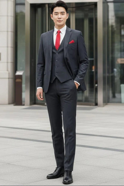 Mens Giovanni Testi Charcoal 3 Piece Suit   – 2 Button Closure, Classic Notch Lapel, Flex Waist Pants