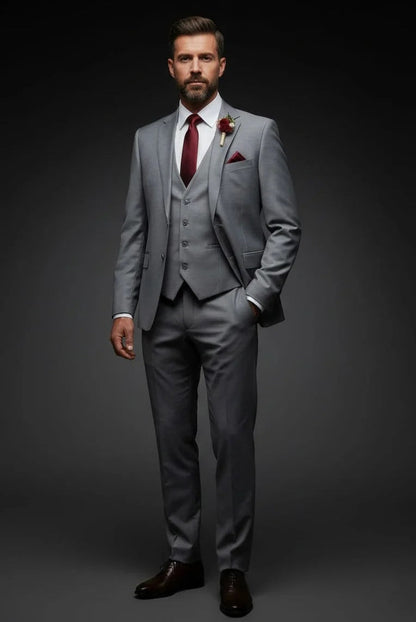 Mens Giovanni Testi 3 Piece Suit in Light Grey – Notch Lapel Blazer, Matching Vest & Flex Waist Dress Pants