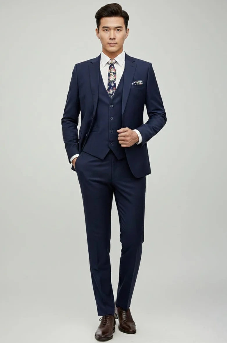 Mens Giovanni Testi Navy 3 Piece Suit – Modern Fit 2 Button Notch Lapel, Side Vents, Flex Waist Trousers