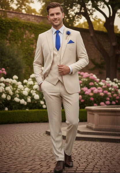 Mens Giovanni Testi Sand 3 Piece Suit – Formal 2 Button Blazer, Vest & Comfort Flex Waist Trousers