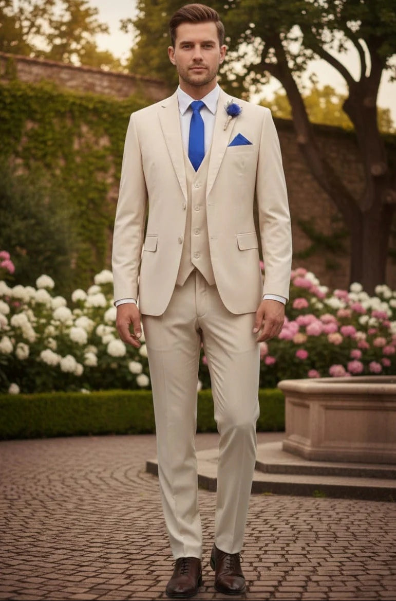 Mens Giovanni Testi Sand 3 Piece Suit – Formal 2 Button Blazer, Vest & Comfort Flex Waist Trousers