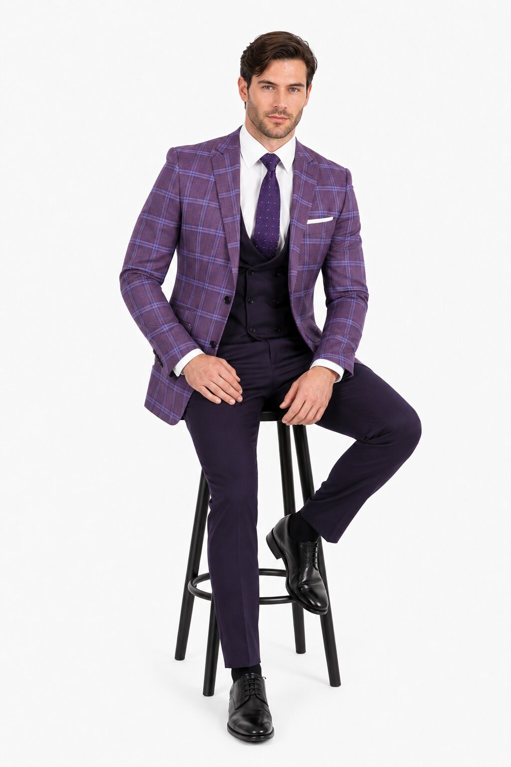 Mens 2 Button Suit with Low Cut Vest in Eggplant | Purple Plaid