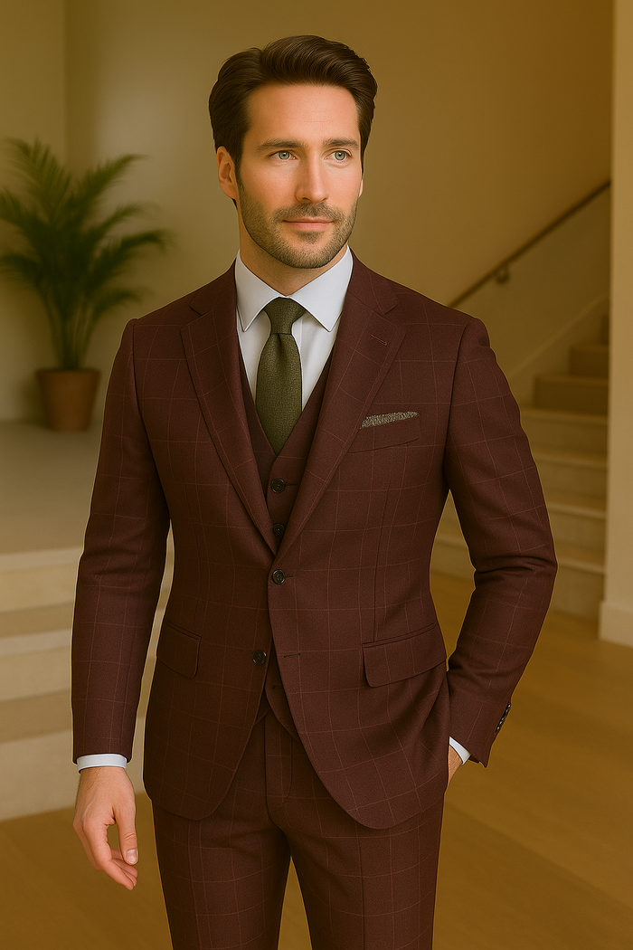 Wool Suit - Italian Made Business Suit by Statement Men's 3 Piece 100% Wool Modern Fit Suit - V-Neck Double Breasted Vest