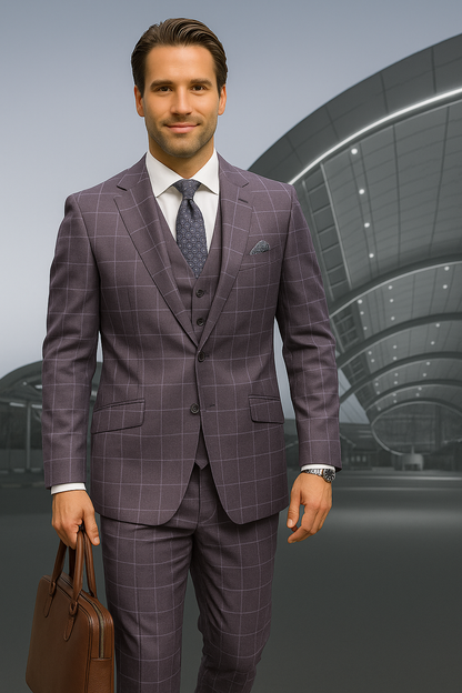 Wool Suit - Italian Made Business Suit by Statement Men's 3 Piece 100% Wool Modern Fit Suit - Fashion Pattern