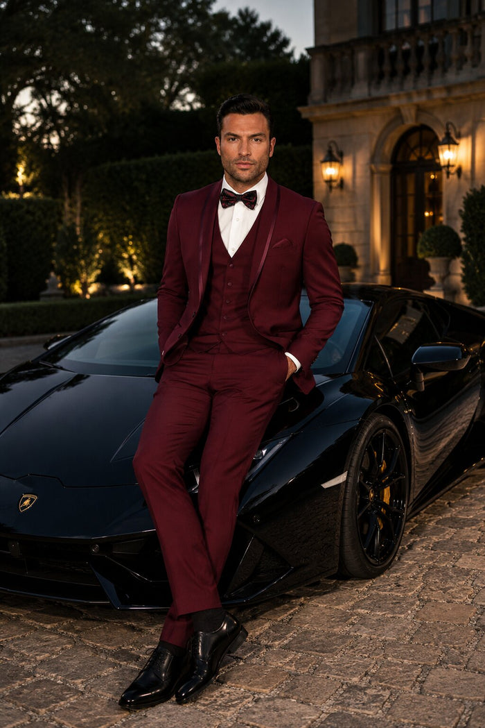 Mens One Button Satin Trim Shawl Tuxedo in Burgundy