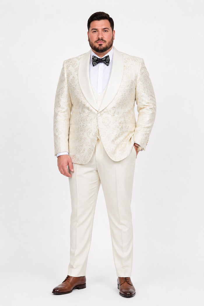 2026 Ivory Shiny Floral Mens 3pc Suit by Tazzio