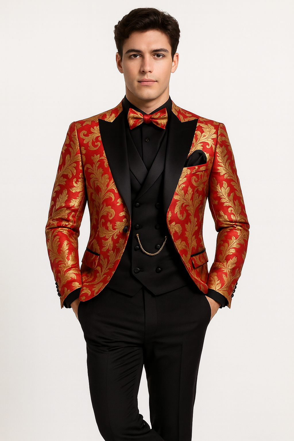 Mens Shiny Paisley Vested Wedding and Prom Tuxedo in Red and Gold