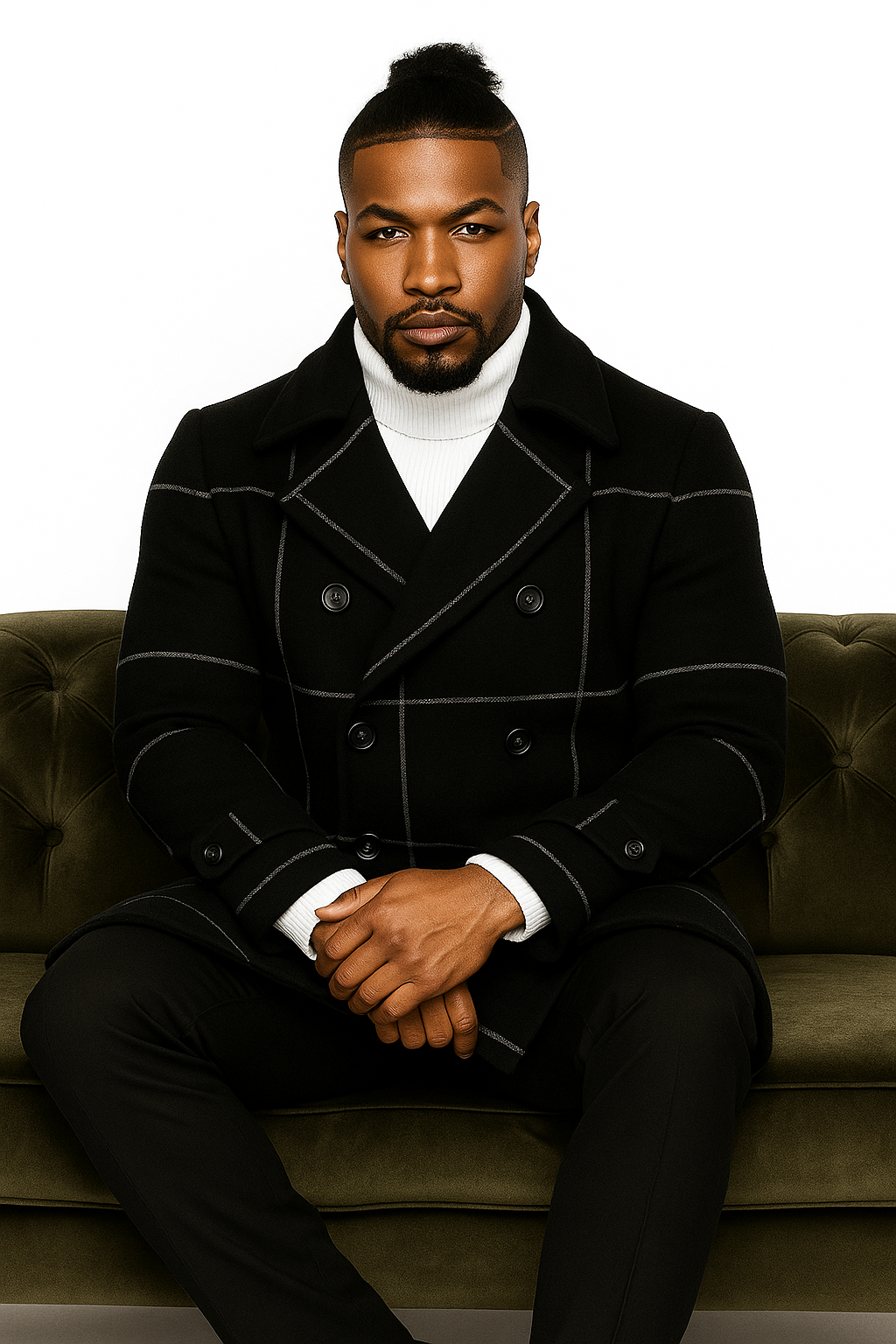 Mens Plaid Overcoat - Wool Peacoat - Plaid Topcoats Six Button Black