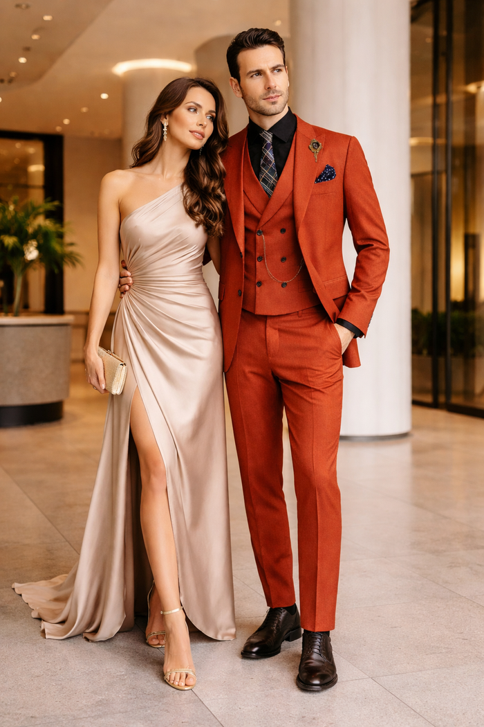 Elegant Red Three-Piece Suit  Groom & Party Formal Outfit