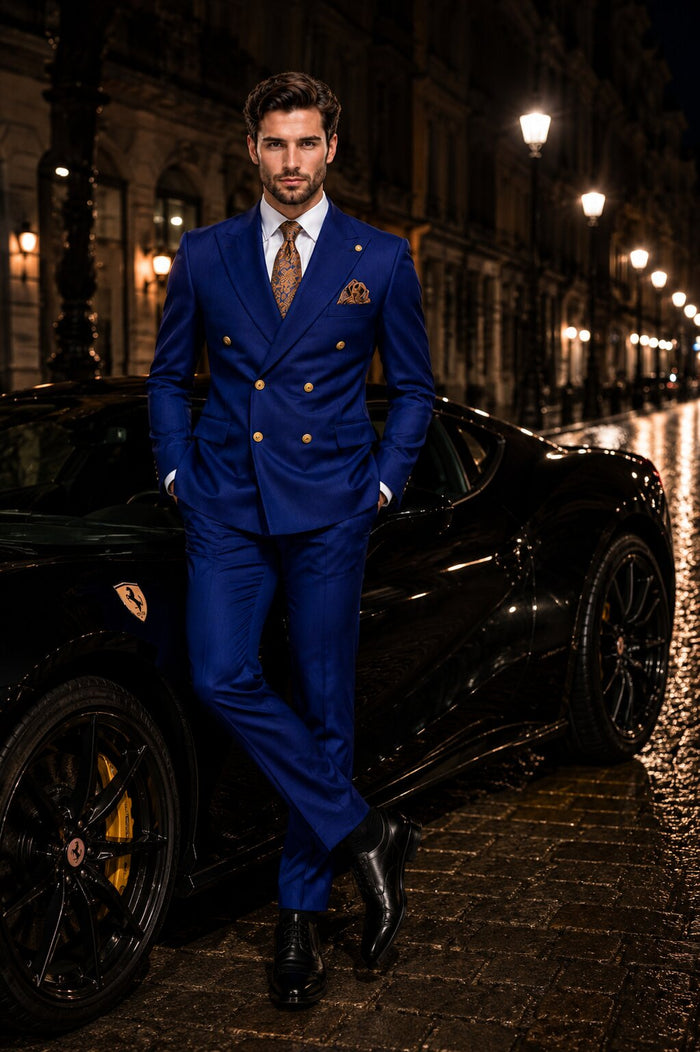Mens Double Breasted Blazer - Wool Royal Blue Sport Coat With Gold Buttons