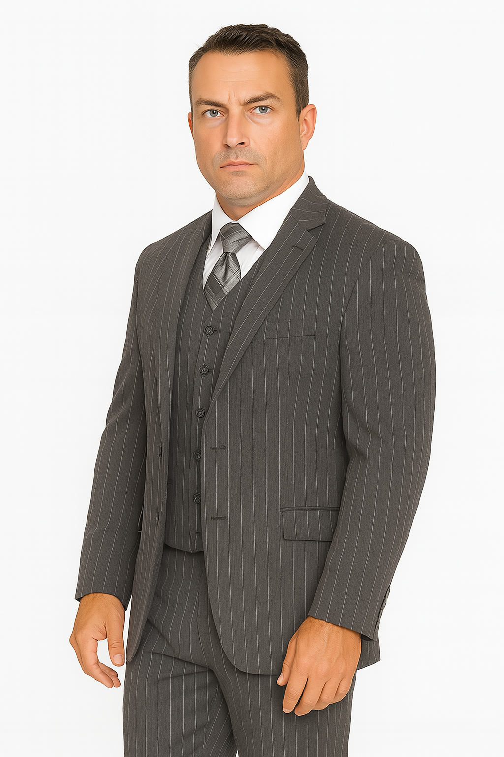 Mens Modern Fit Venetian Gatsby Suit – Charcoal Pinstripe with Vest - Banker Stripe