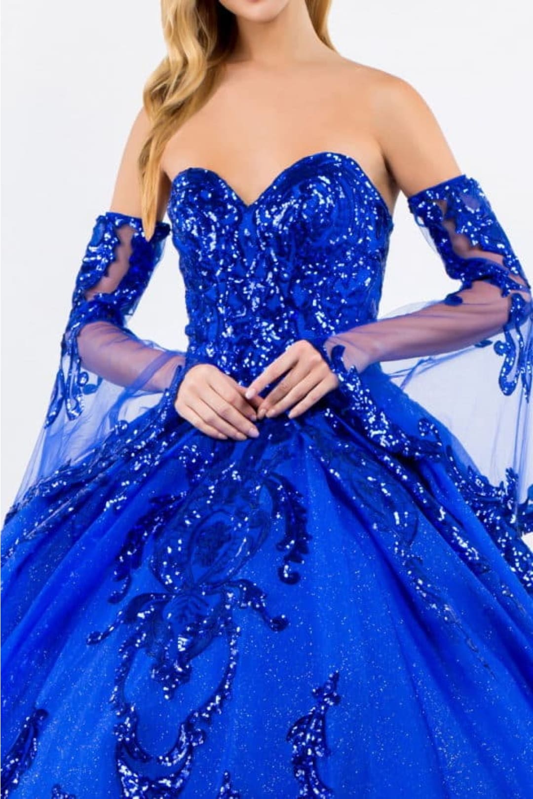 Elizabeth K GL1914 Detachable Sleeves Embellish Tiered Tail Ball Gown - Dress