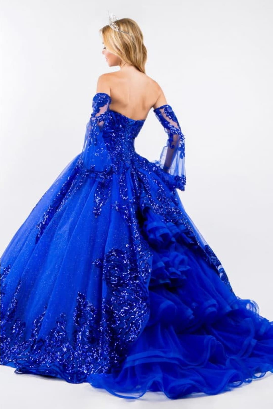 Elizabeth K GL1914 Detachable Sleeves Embellish Tiered Tail Ball Gown - Dress