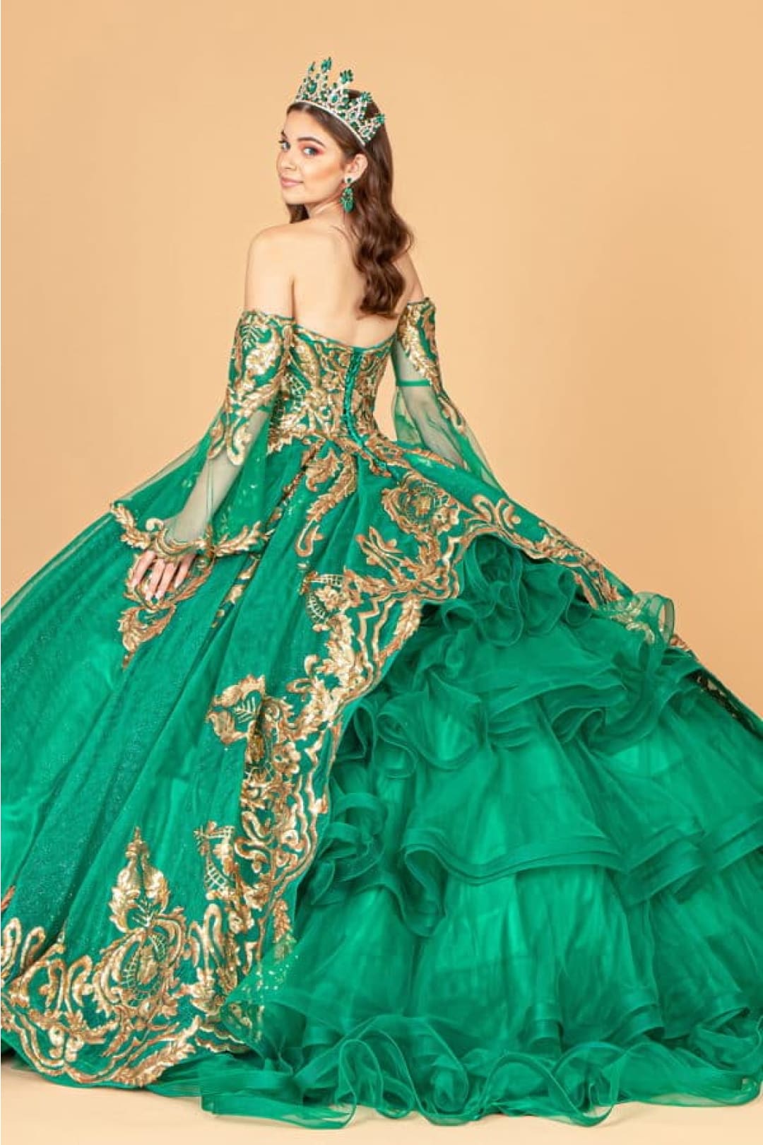 Elizabeth K GL1914 Detachable Sleeves Embellish Tiered Tail Ball Gown - Dress