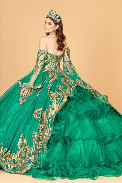 Elizabeth K GL1914 Detachable Sleeves Embellish Tiered Tail Ball Gown - Dress