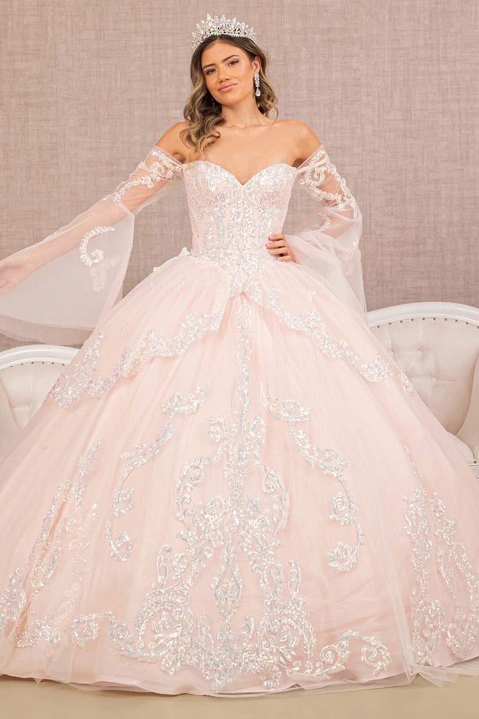 Off Shoulder Quinceañera Ball Gown with Glitter Tulle Sequin Embroidery Dress by Elizabeth K GL3109