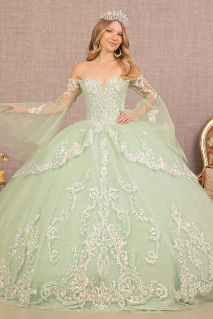 Off Shoulder Quinceañera Ball Gown with Glitter Tulle Sequin Embroidery Dress by Elizabeth K GL3109