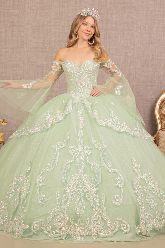 Off Shoulder Quinceañera Ball Gown with Glitter Tulle Sequin Embroidery Dress by Elizabeth K GL3109