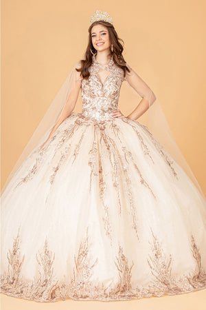 Embroidered Cape Ball Gown by Elizabeth K GL3076 - XS / Champagne - Quinceanera Dresses