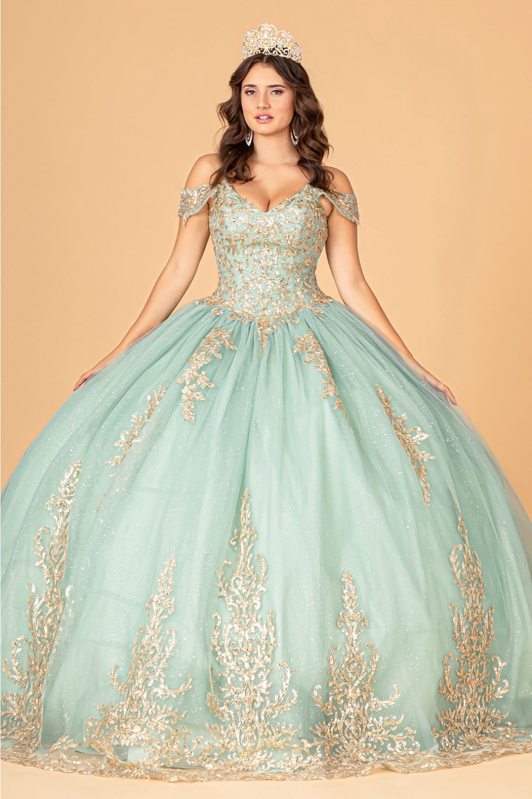 Embroidered Cold Shoulder Ball Gown by Elizabeth K GL3100 - XS / Sage - Quinceanera Dresses