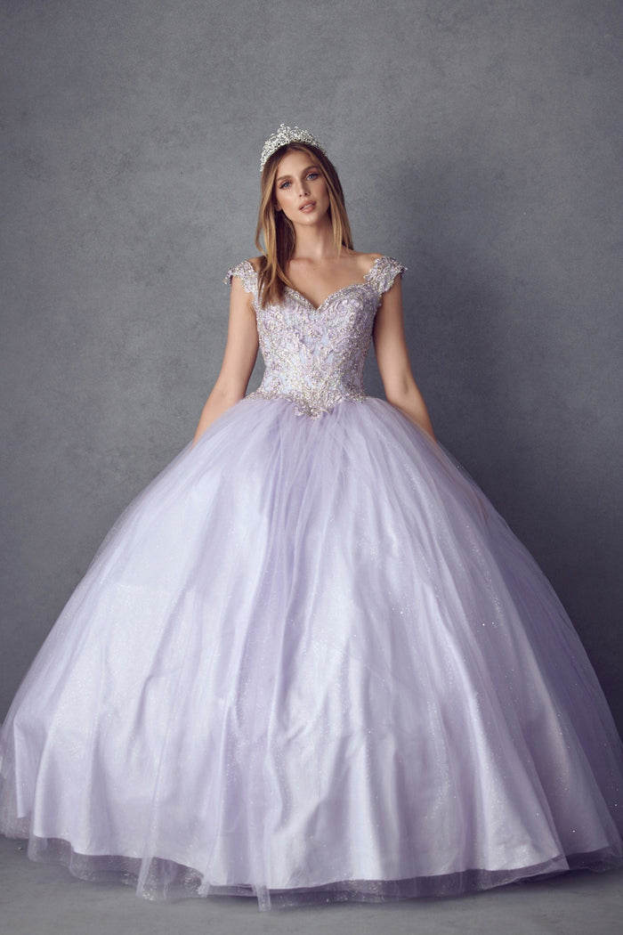 Juliet 1430 Cold Shoulder Embroidered Tulle Quinceanera Dress with Corset Back