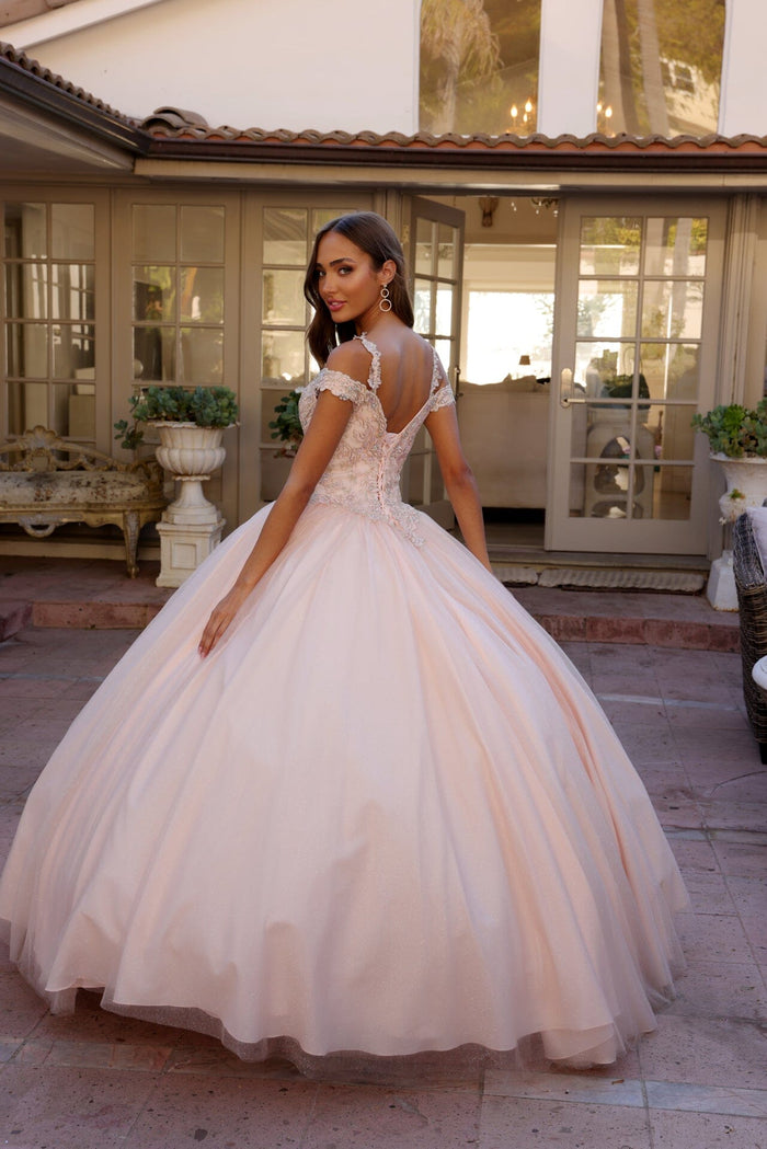 Juliet 1430 Cold Shoulder Embroidered Tulle Quinceanera Dress with Corset Back