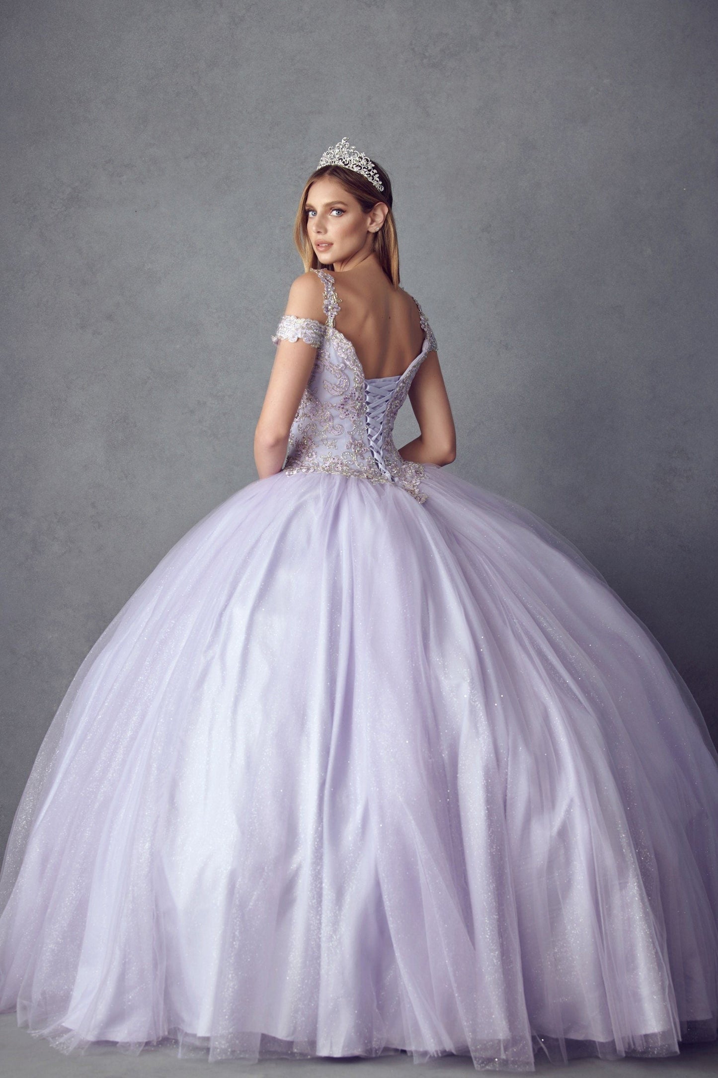 Juliet 1430 Cold Shoulder Embroidered Tulle Quinceanera Dress with Corset Back