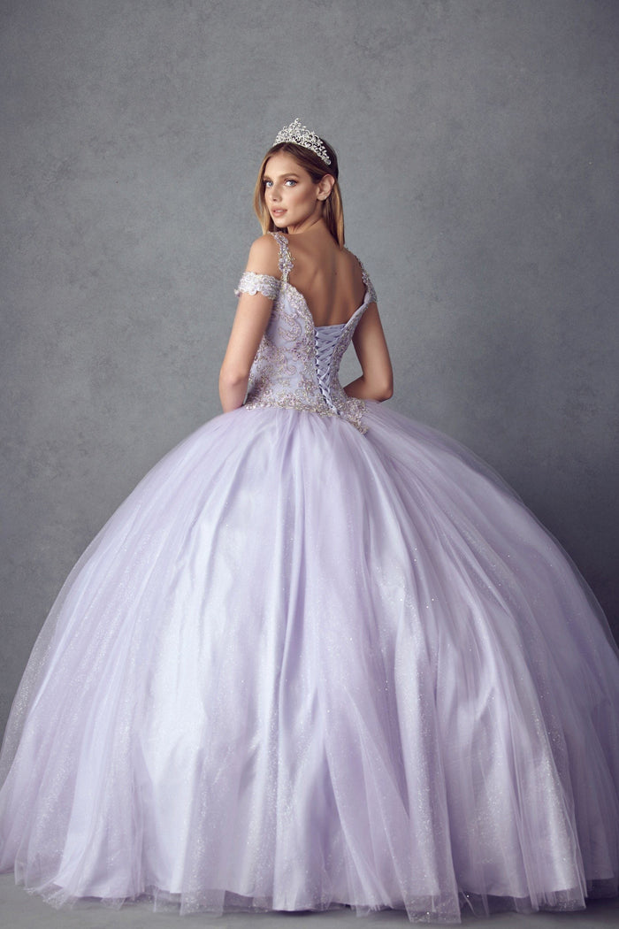 Juliet 1430 Cold Shoulder Embroidered Tulle Quinceanera Dress with Corset Back