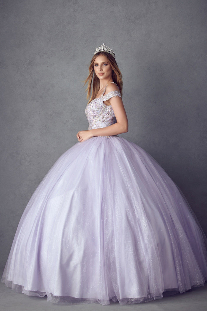 Juliet 1430 Cold Shoulder Embroidered Tulle Quinceanera Dress with Corset Back