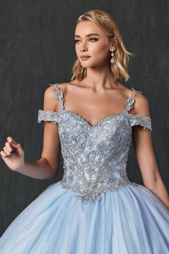Juliet 1430 Cold Shoulder Embroidered Tulle Quinceanera Dress with Corset Back