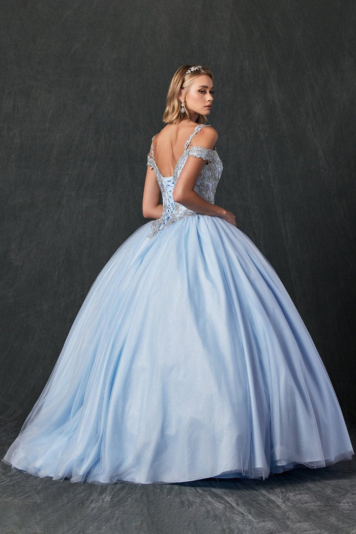Juliet 1430 Cold Shoulder Embroidered Tulle Quinceanera Dress with Corset Back