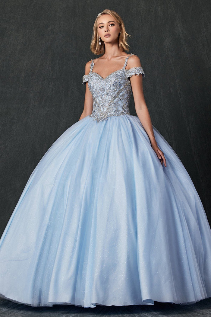 Juliet 1430 Cold Shoulder Embroidered Tulle Quinceanera Dress with Corset Back