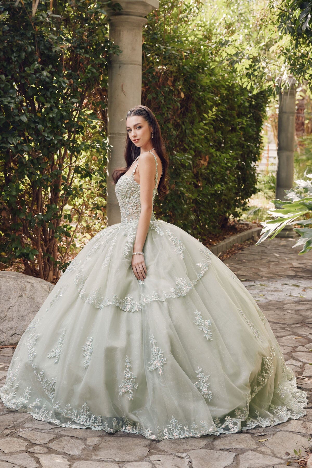 Juliet 1450J Embroidered Beaded Appliqué Glitter Tulle Corset Quinceanera Dress