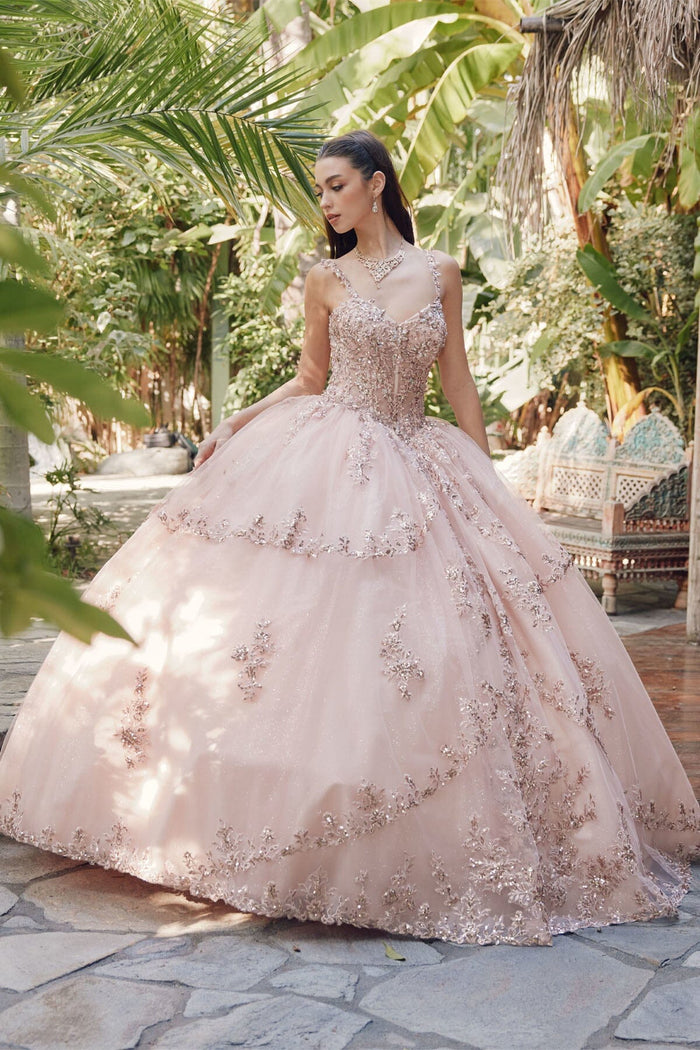 Juliet 1450J Embroidered Beaded Appliqué Glitter Tulle Corset Quinceanera Dress