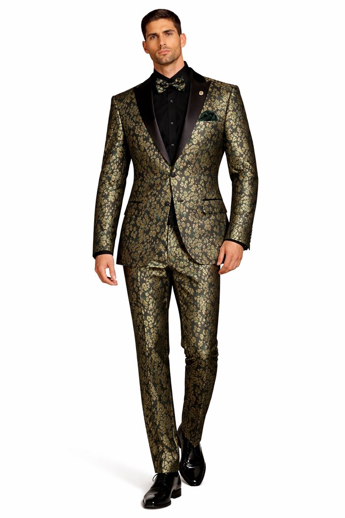 Emerald Green and Gold Floral Tuxedo Suit for Men Perfect Prom or Wedding Suit