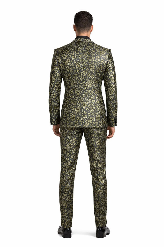 Emerald Green and Gold Floral Tuxedo Suit for Men Perfect Prom or Wedding Suit