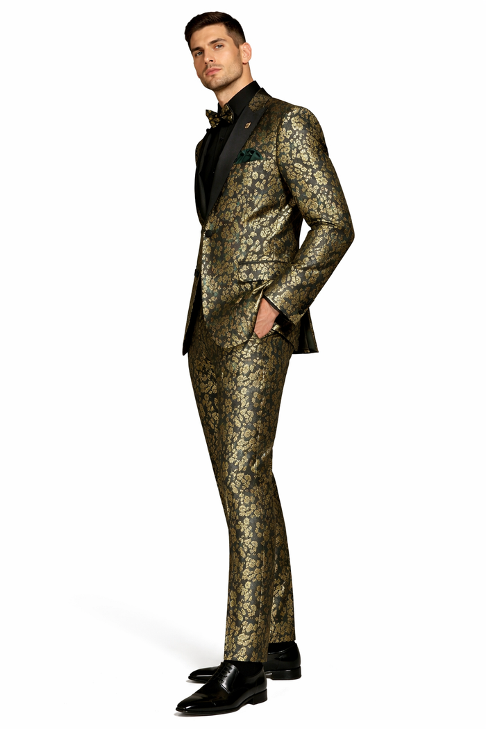 Emerald Green and Gold Floral Tuxedo Suit for Men Perfect Prom or Wedding Suit