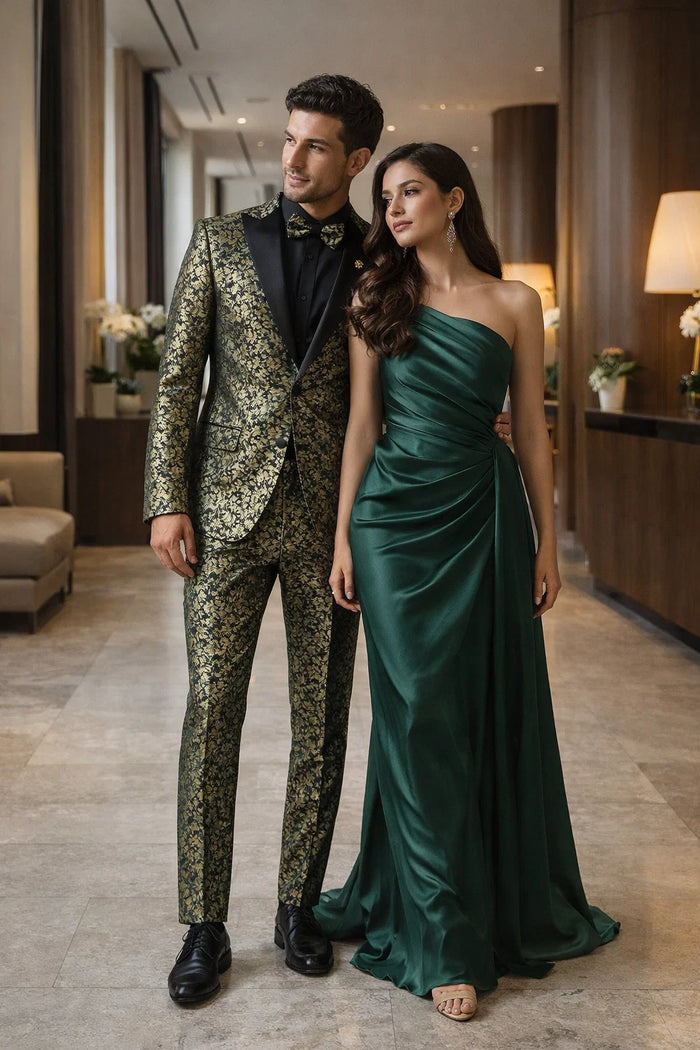 Emerald Green and Gold Floral Tuxedo Suit for Men Perfect Prom or Wedding Suit